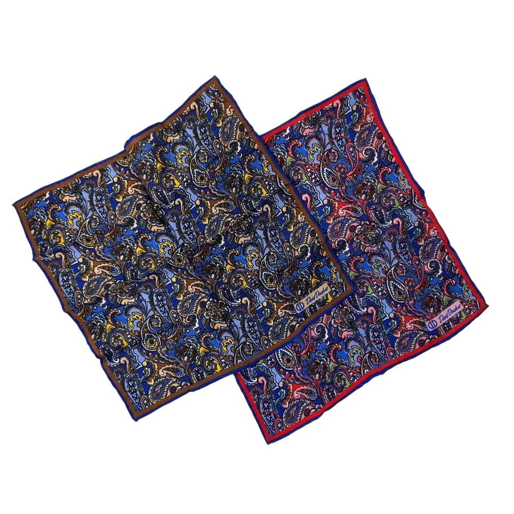 Two Vintage Mens Paisley 100% Wool Handkerchief Pocket Square Colorful Blue Red